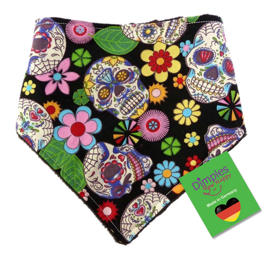 Bandana Mexikanische Totenköpfe Schwarz mit bunten Blumen